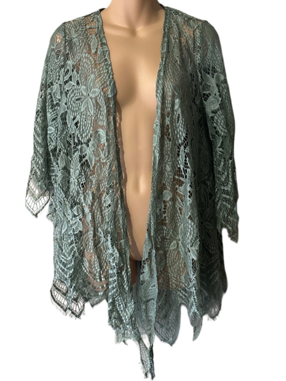 Blue Rain Sheer Intricate Lace Kimono in Green Mermaidcore Fairy Vibes